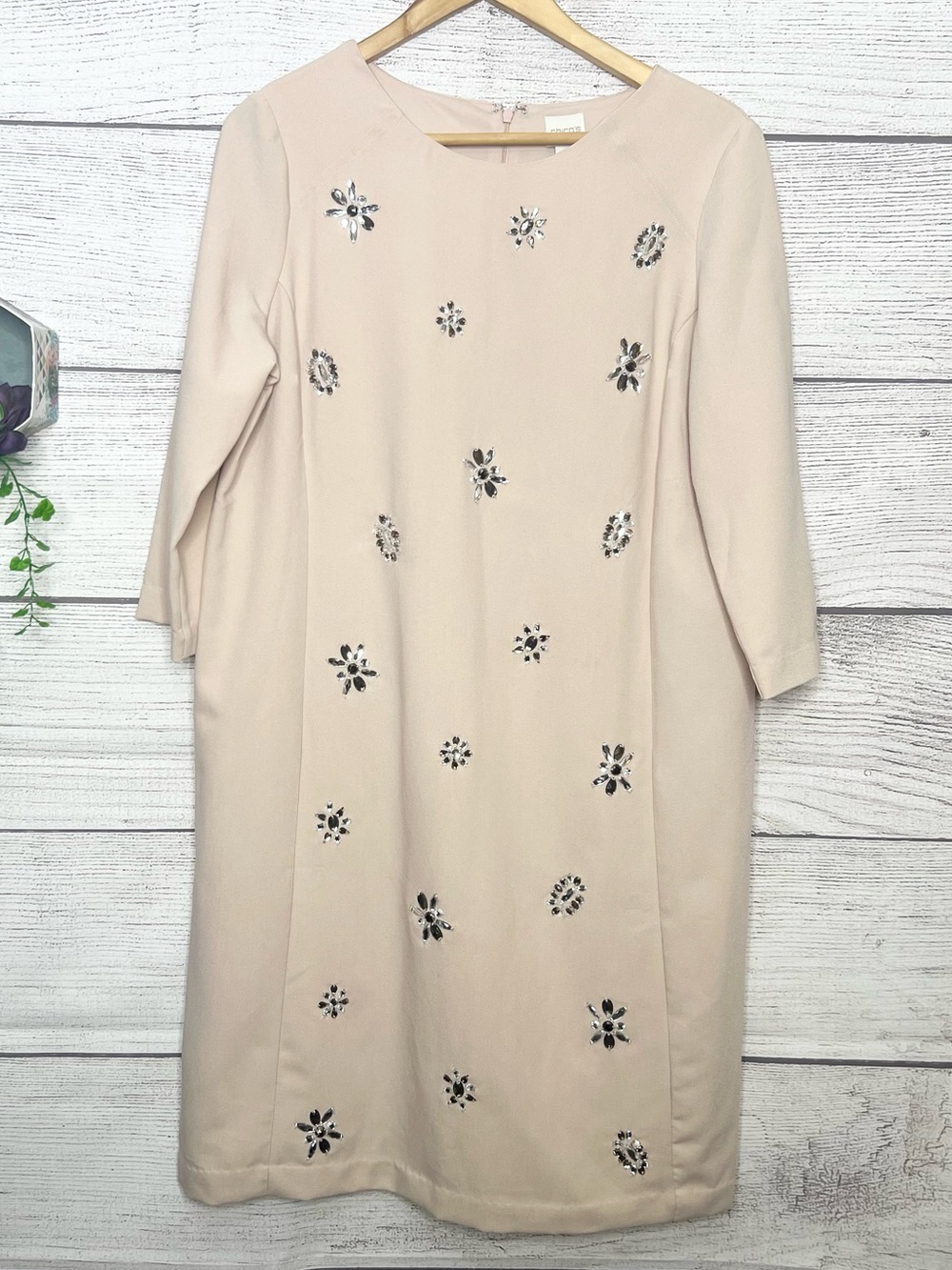 NWT Chico's Blush Pink Jewel Embellished Long Sleeve Shift Dress Size Large